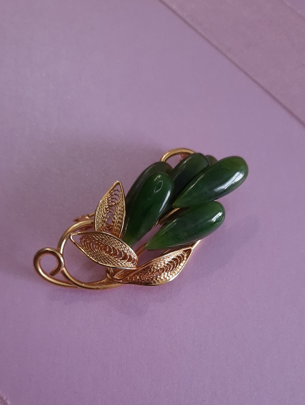 Gold-Tone Brooch with Dark Green Jade-Style Accents